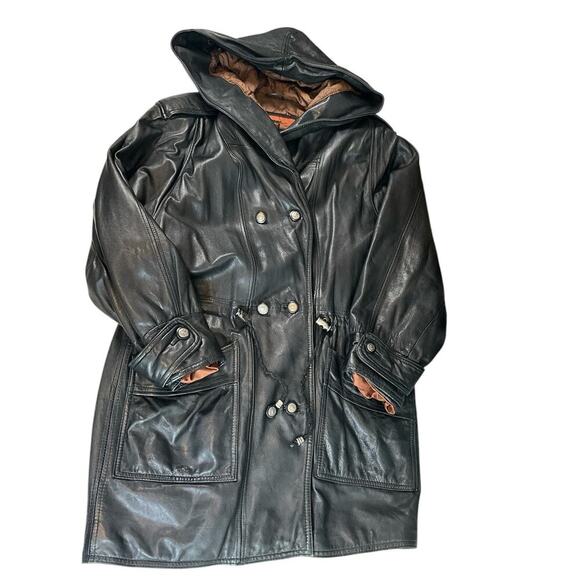 Vintage Hooded Cayenne 100% Leather Jacket 1990's Drawstring Waist SZ Small Men - Picture 4 of 12
